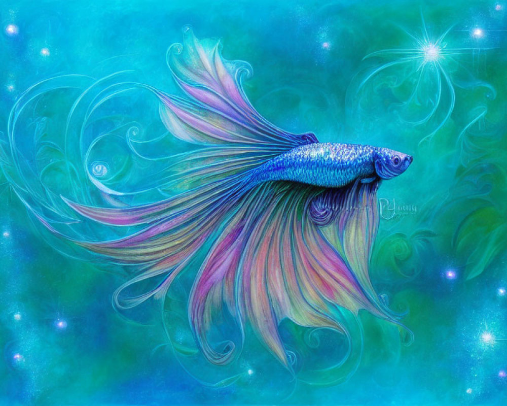 Colorful Betta Fish Illustration with Elaborate Fins on Turquoise Background