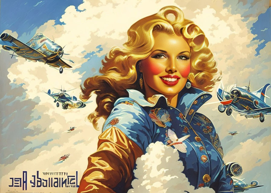 Vintage-style illustration of smiling woman in blue jacket with airplane motifs.