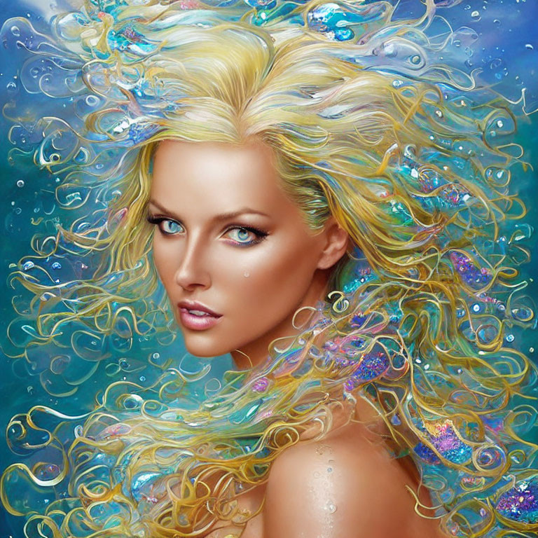 Blonde woman portrait with luminescent fish on blue background