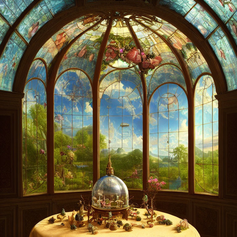 Ornate room with arched window, stained glass ceiling, and intricate table objects