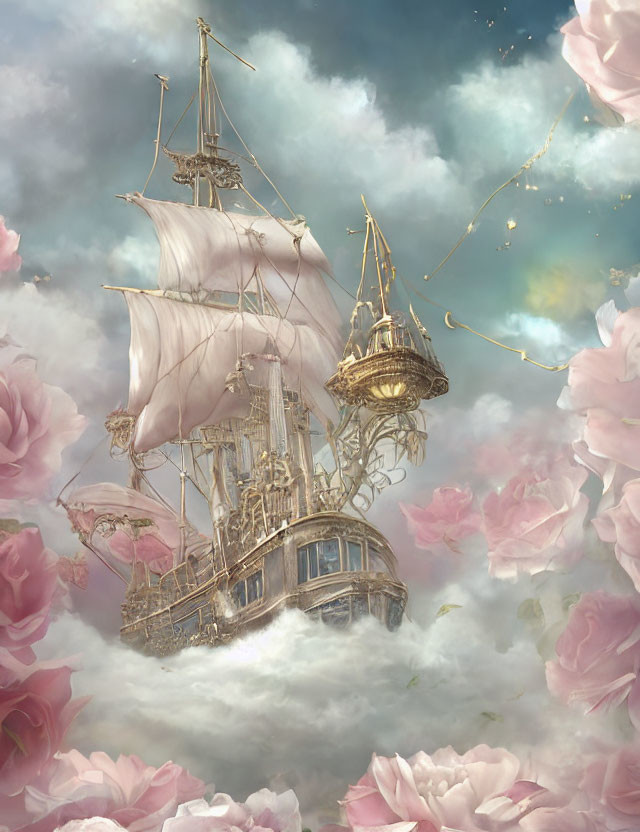 Fantastical airship among clouds and pink roses with golden accents