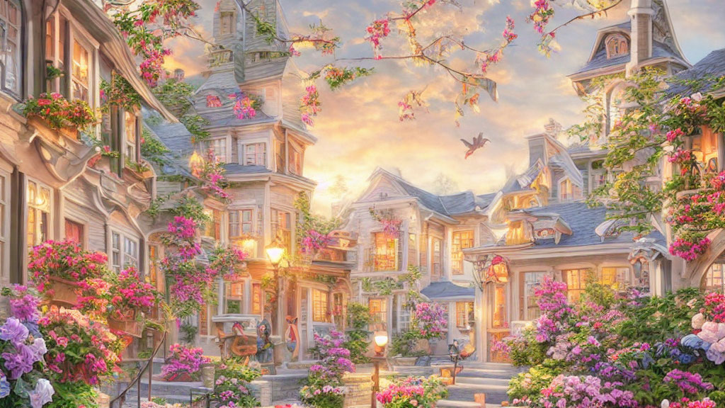 Illustration of Victorian houses with flowers under sunset sky