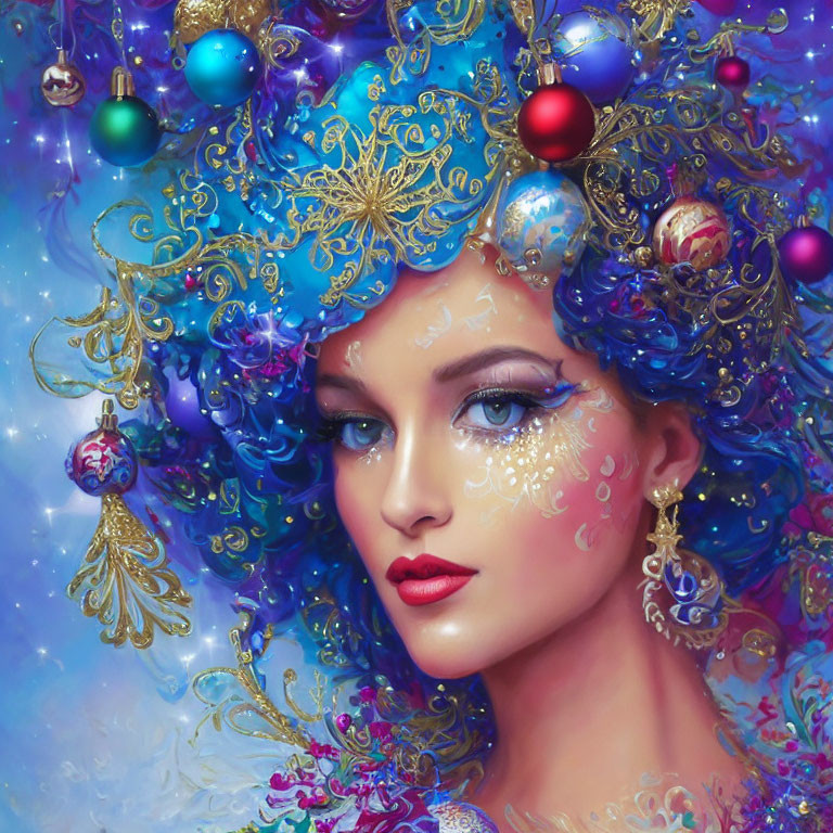 Fantastical Image: Woman with Blue Hair and Christmas Ornaments in Magical Setting
