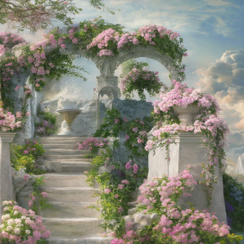 Tranquil garden scene with stone steps, pink blossoms, fountain, and cloudy sky