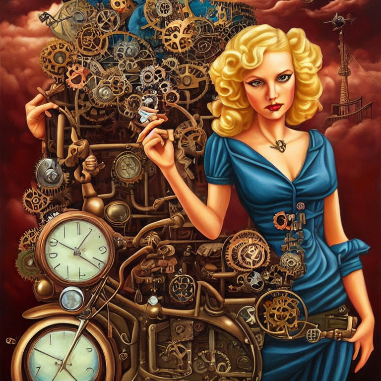 Woman in Blue Dress Surrounded by Steampunk Gears and Clocks