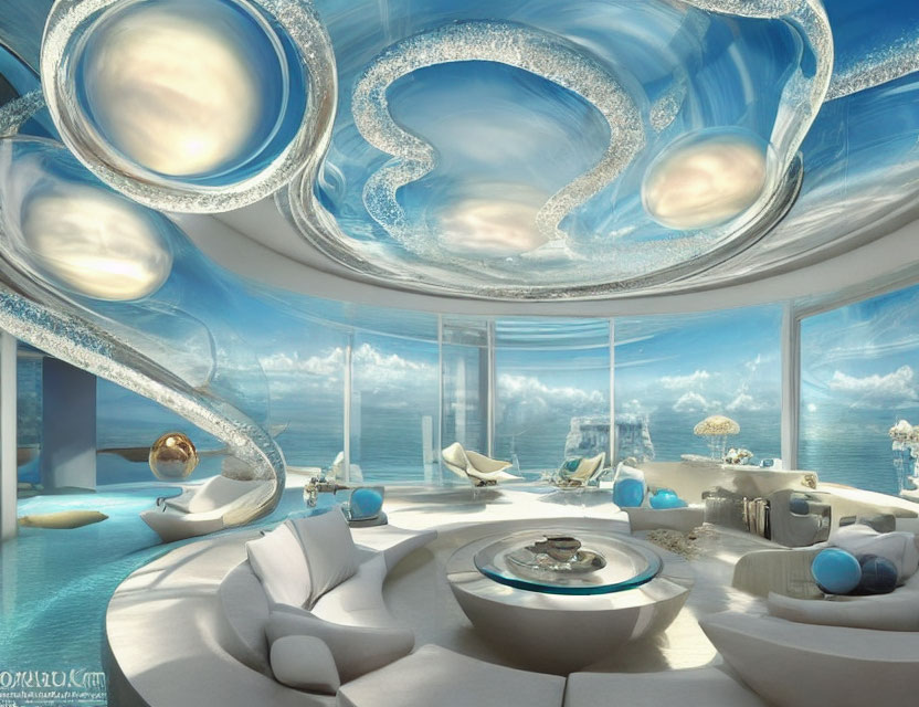 Modern underwater lounge with circular windows, blue tones, and oceanic panorama.