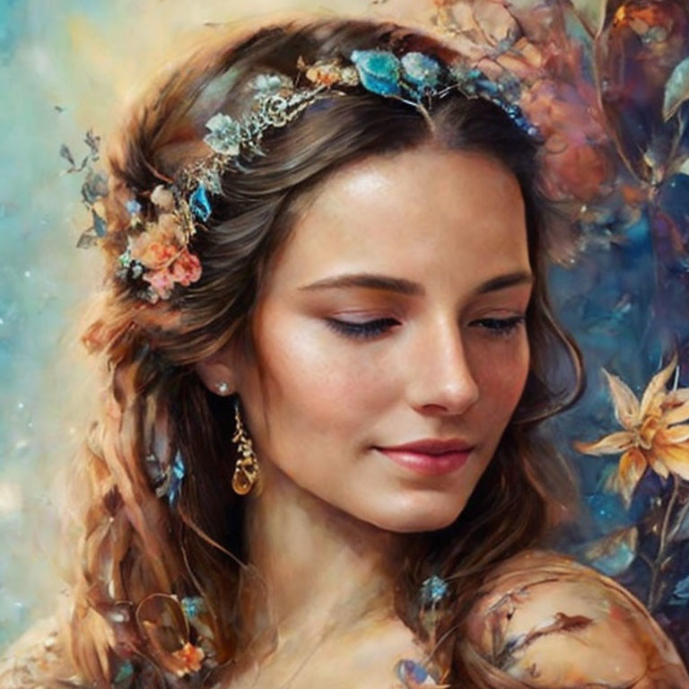 Adorned woman with braided hair and floral backdrop