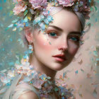 Portrait of Woman with Pale Skin, Blue Eyes, Flower Petals, and Glitter