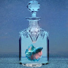 Blue Betta Fish in Glass Jar with Whimsical Smoke and Bubbles on Cosmic Background