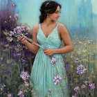 Ethereal woman in teal gown painting in vibrant floral ambiance