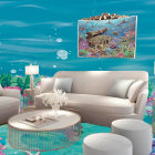 Mermaid lounging in submerged living room surrounded by fish and coral
