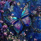 Colorful artwork: Oversized butterfly with glowing wings in mystical flower-filled scene