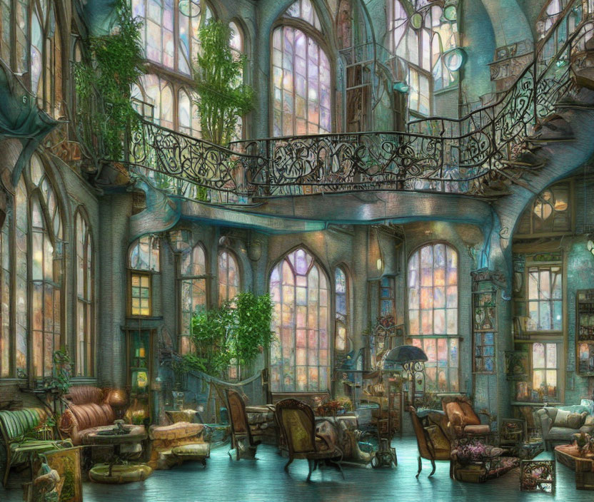 Fantastical interior with stained glass windows and vintage furnishings