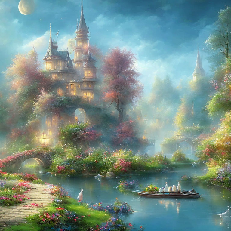 Enchanted castle in serene fantasy landscape with river and moon