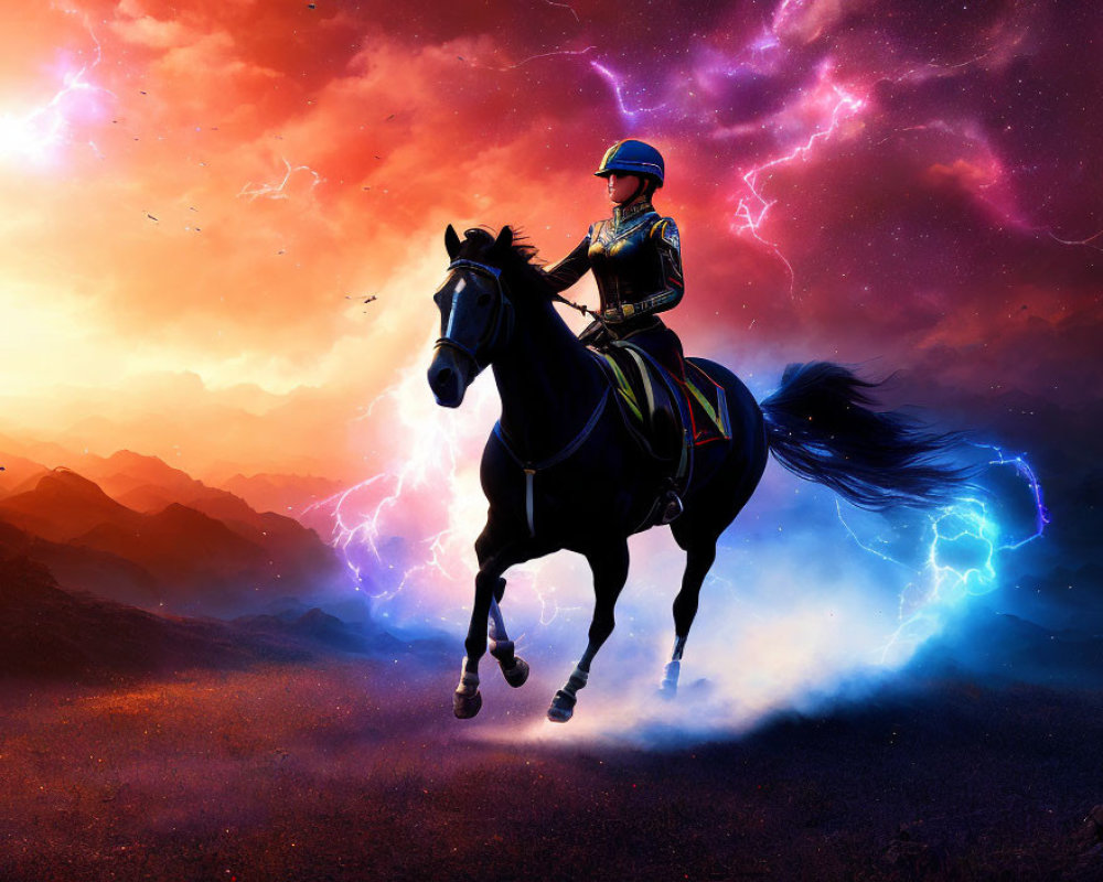 Horse rider galloping in cosmic scene with purple and red nebulae