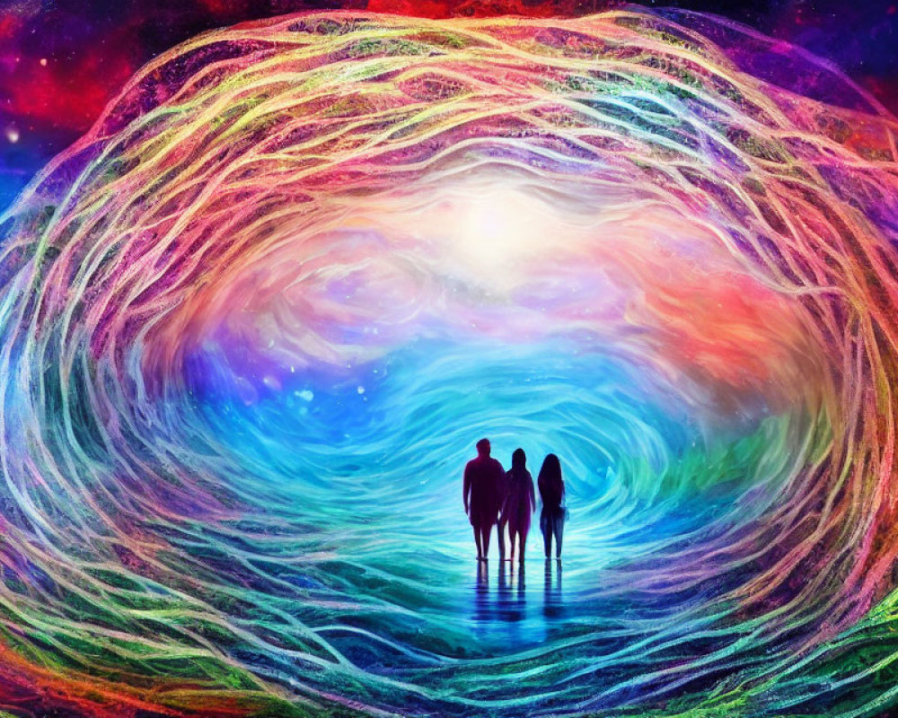 Colorful cosmic tunnel with silhouettes of three people walking.