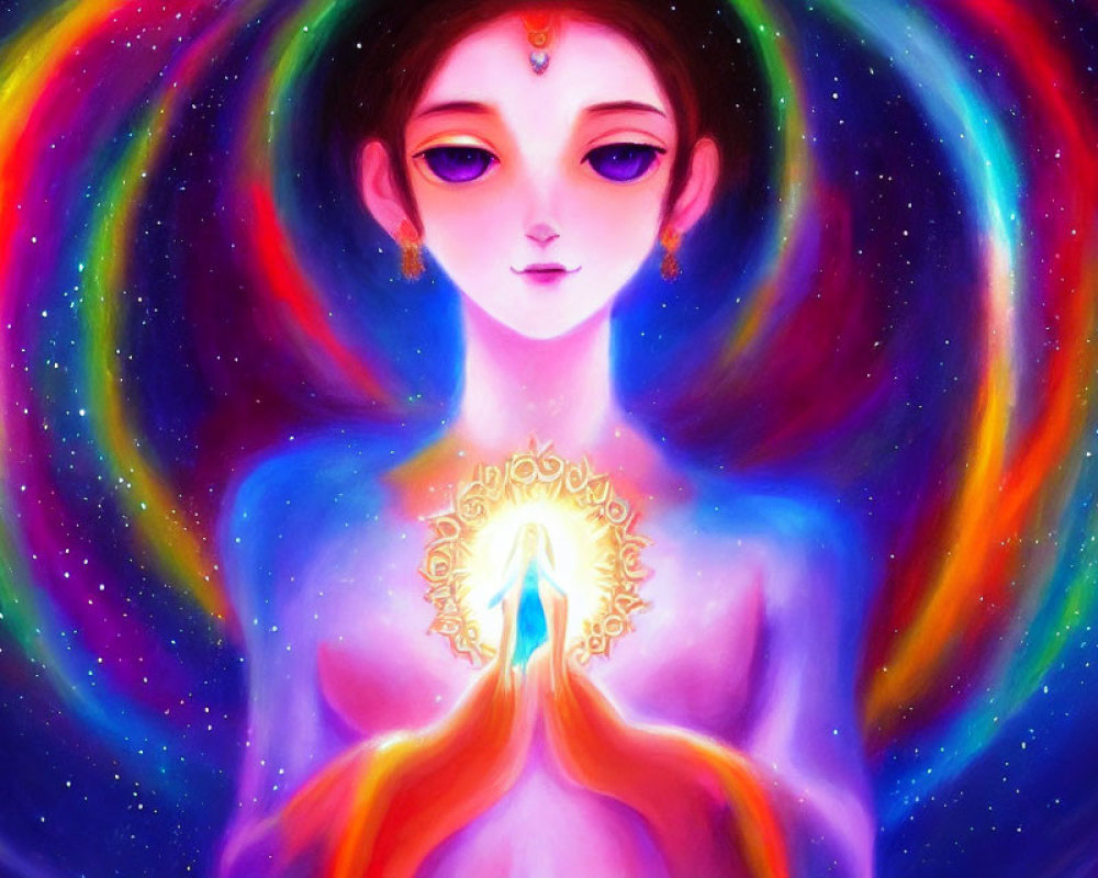 Vibrant artwork featuring mystical female figure with cosmic swirls and glowing heart center