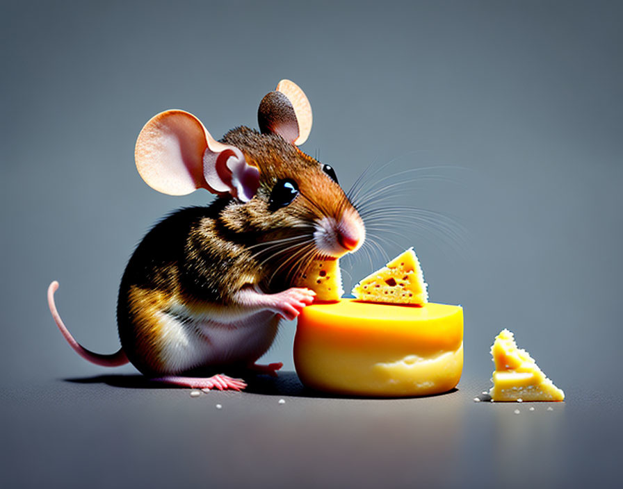 Prominent-eared mouse nibbling on cheese on gray surface
