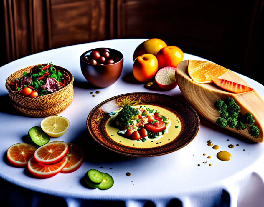 Colorful Gourmet Spread with Salad, Entrée, Olives, Citrus Fruits, and