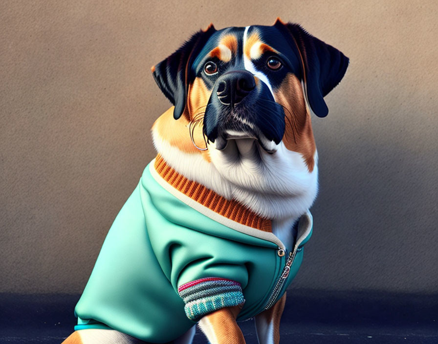 Stylized image: Dog in teal hoodie, tilting head with quizzical expression