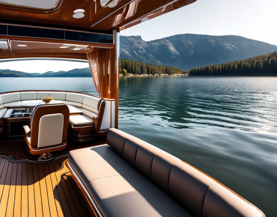 Polished wood and leather boat interior on serene lake