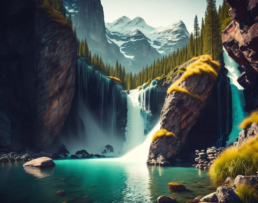 Tranquil waterfall scene with rocky cliffs, blue pool, greenery, and snow-capped mountains