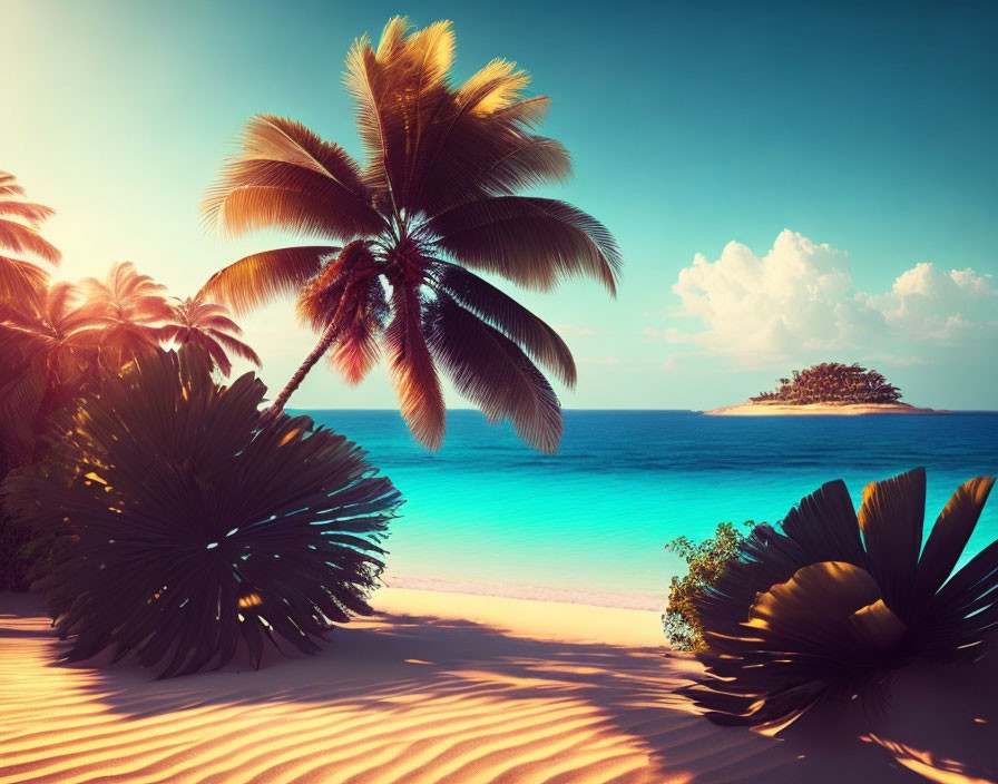 Palm trees, sea, sun, flowers