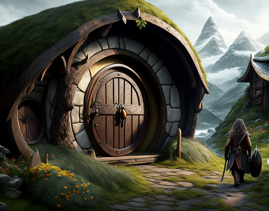 Fantasy illustration: Dwarf at hobbit house in grassy hill with mountains.