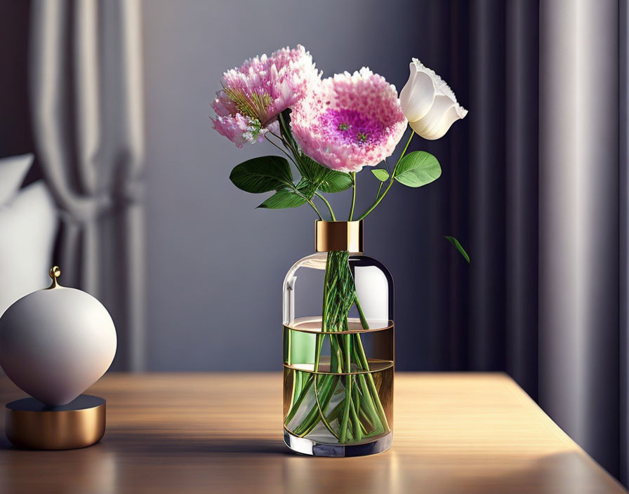 Glass Vase with Golden Accents, White Rose, Purple Flowers, Wooden Table & Spherical Decor