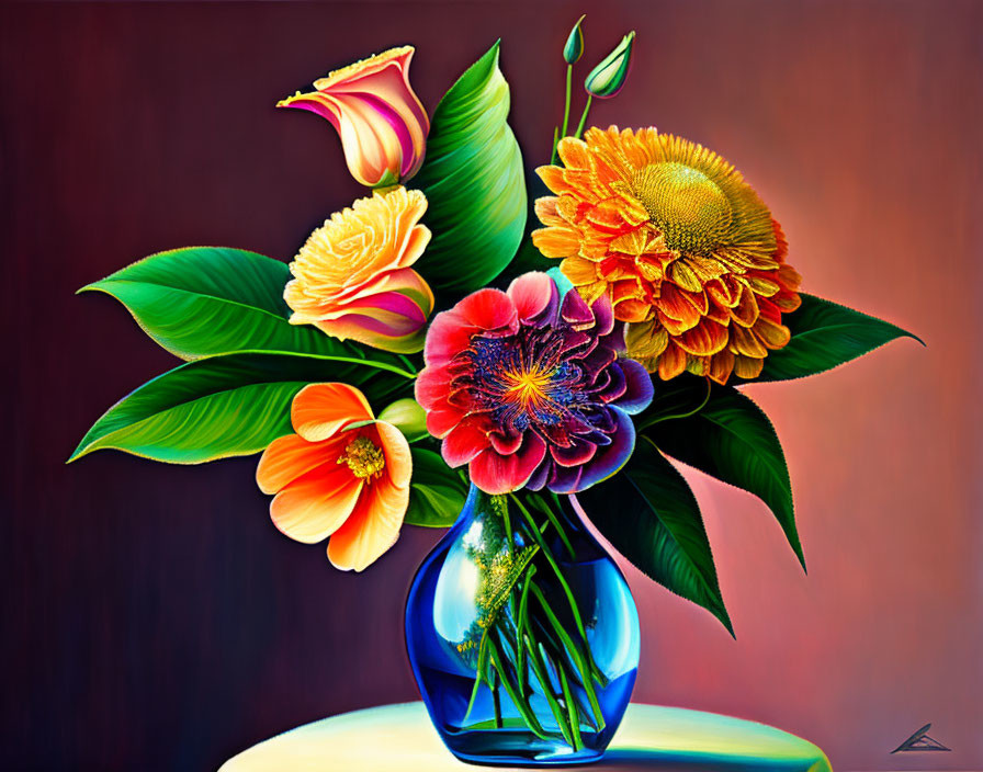 Colorful Flower Bouquet Still Life Painting with Roses and Sunflowers