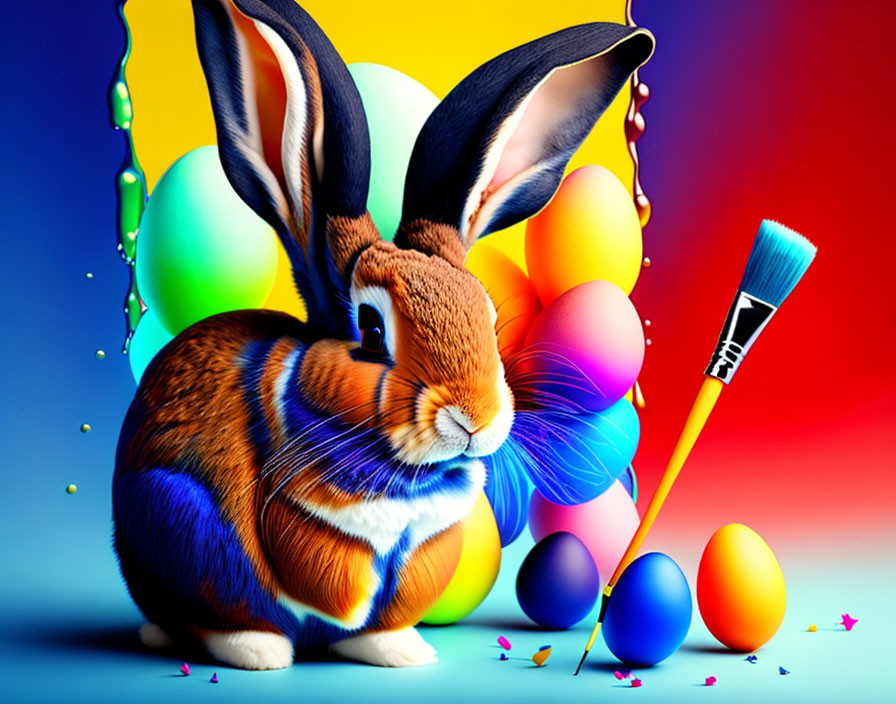  A rabbit with a paintbrush paints the eggs 