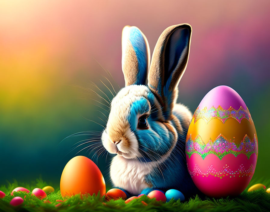 Colorful rabbit and Easter eggs in grassy field with blurred background