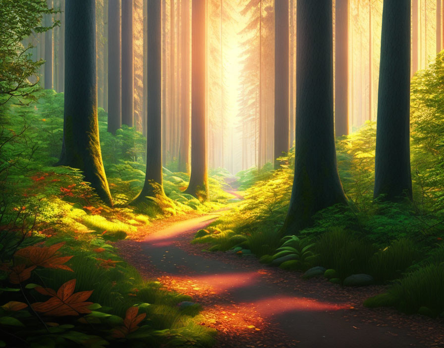 Sunlit Forest Path with Towering Trees and Vibrant Green Foliage