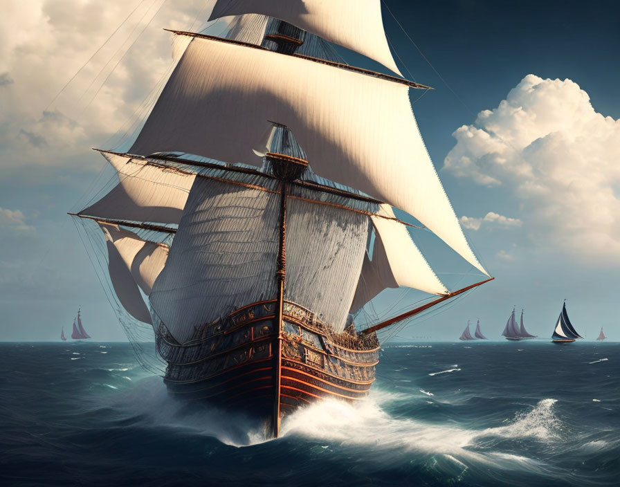 Majestic tall ship sailing choppy sea with billowing white sails