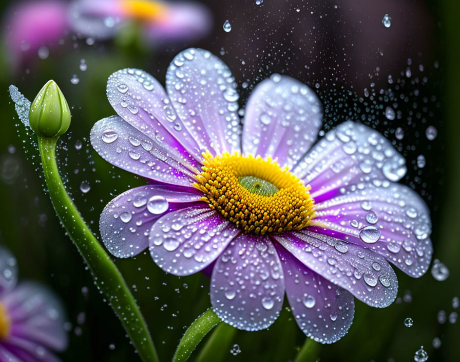 Vibrant purple and white daisy with water droplets on petals in a garden setting