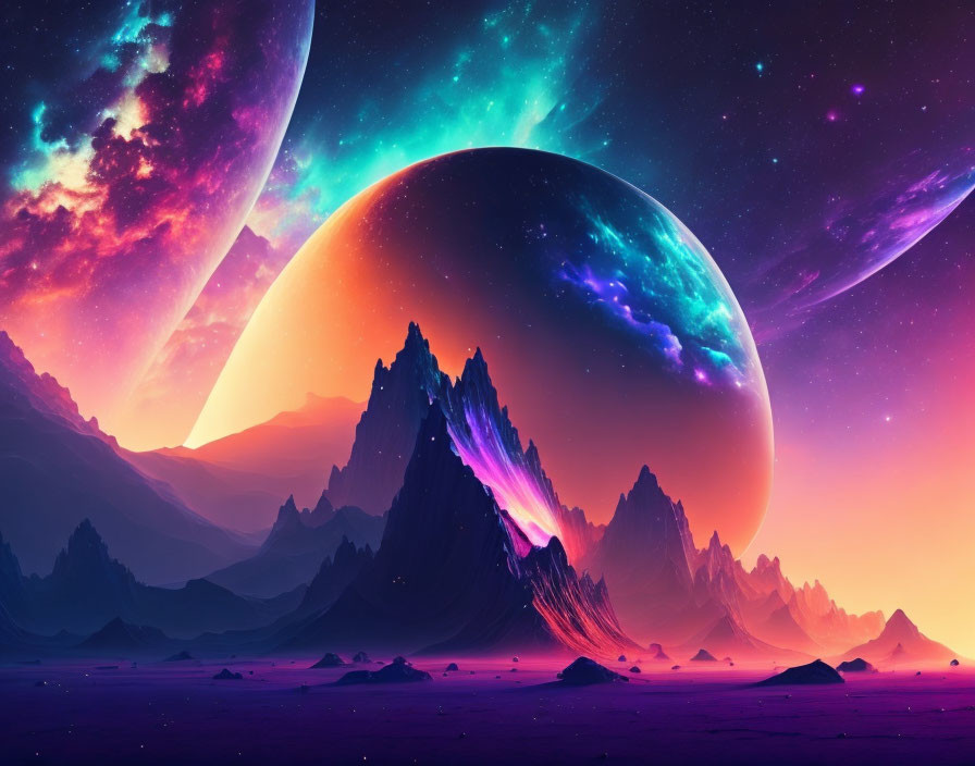 Majestic mountains and colorful planet in vibrant sci-fi landscape