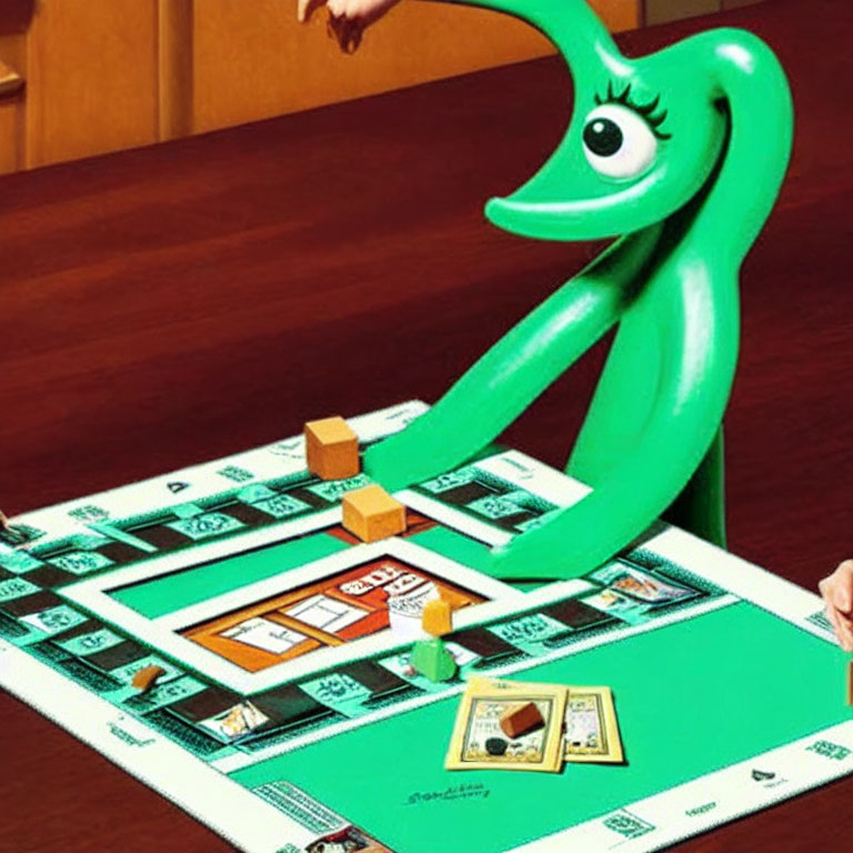 One-eyed green animated character playing Monopoly with dice and houses on board