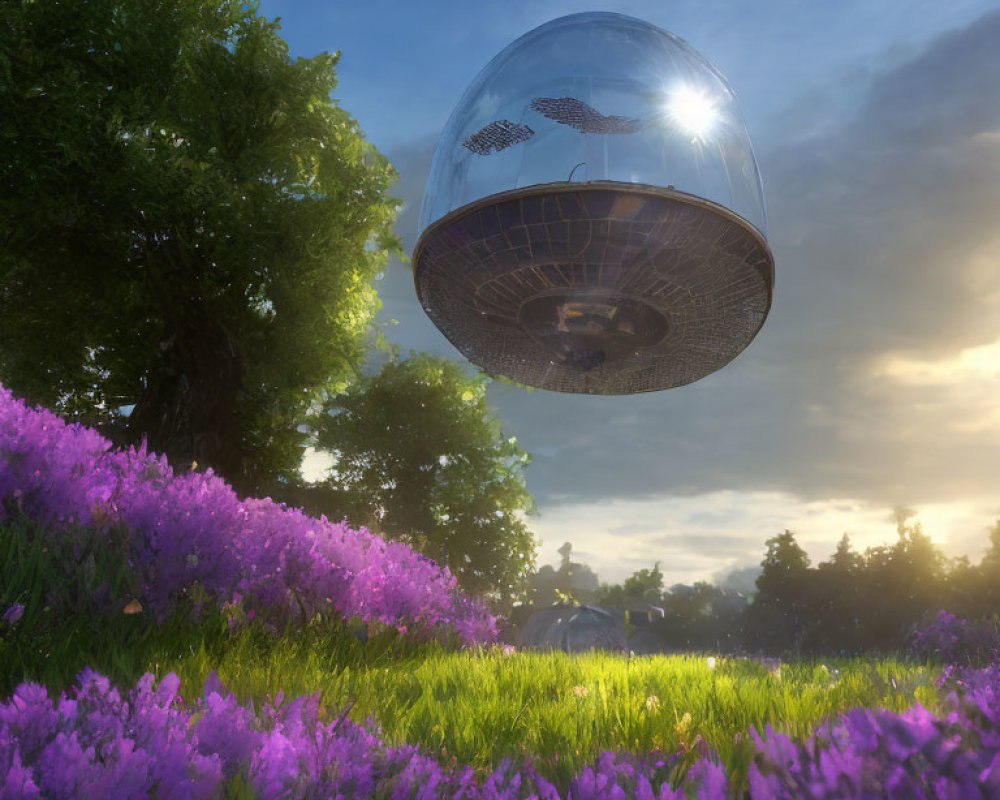 Reflective UFO over purple flower field under sunlit sky