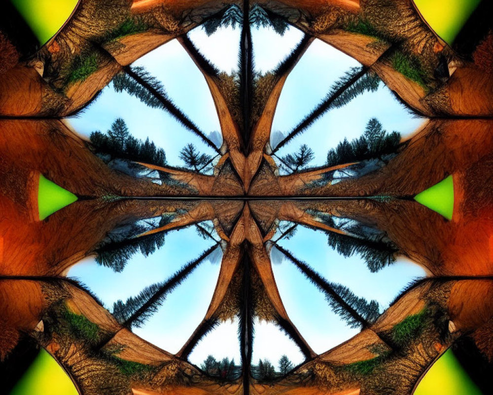 Symmetrical kaleidoscopic image of mirrored pine trees on blue sky