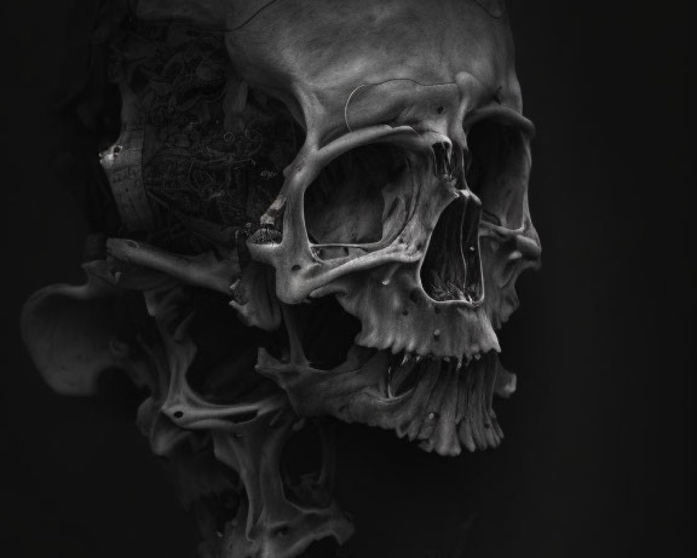 Monochromatic human skull in profile on dark background with reflection