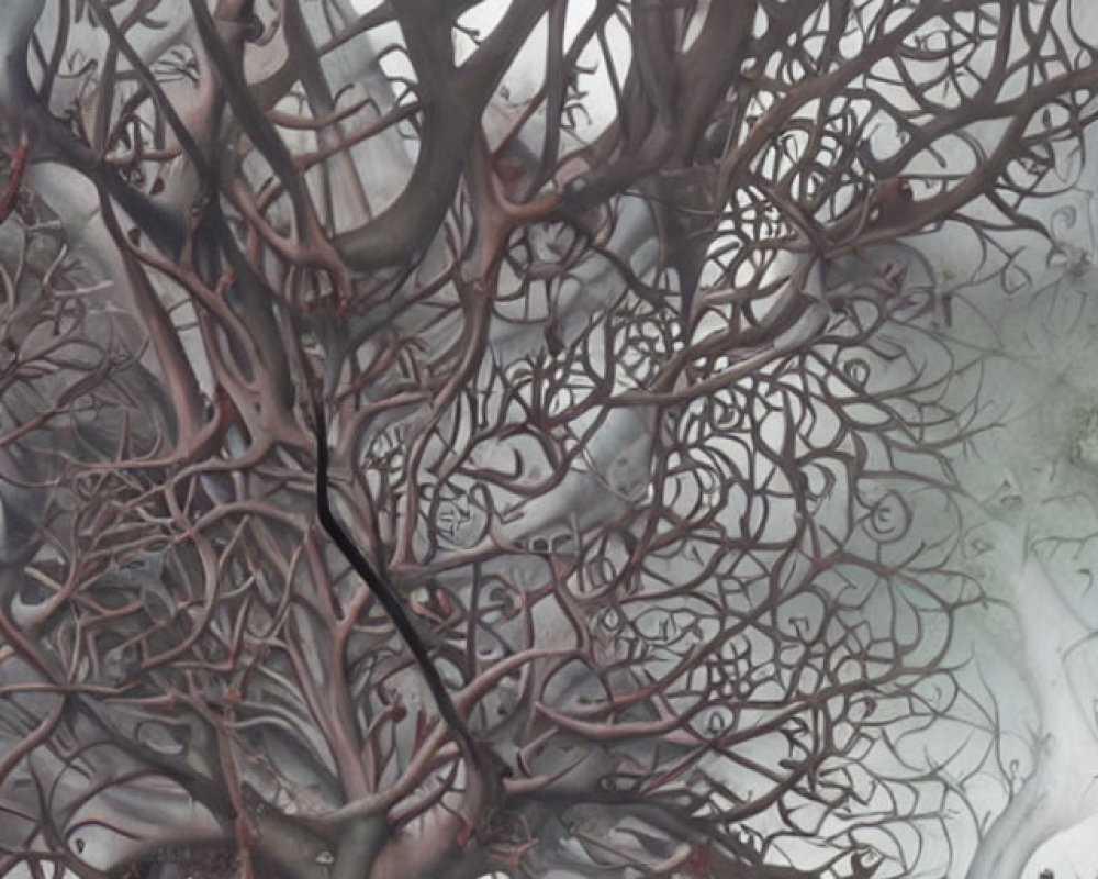 Dark Branches Intertwined in Misty Gray Background