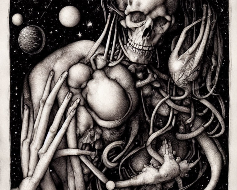 Detailed black and white surreal skeleton illustration with cosmic elements.