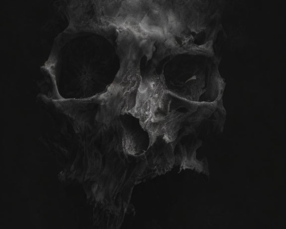 Monochrome human skull art with smoky textures on black background