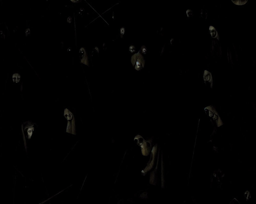 Dark image of ominous figures with glowing eyes in shadows