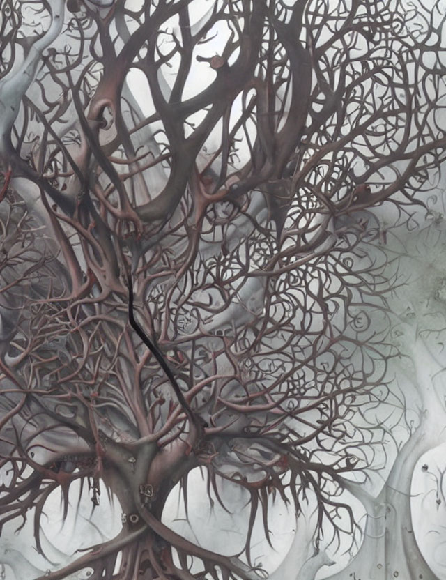 Dark Branches Intertwined in Misty Gray Background