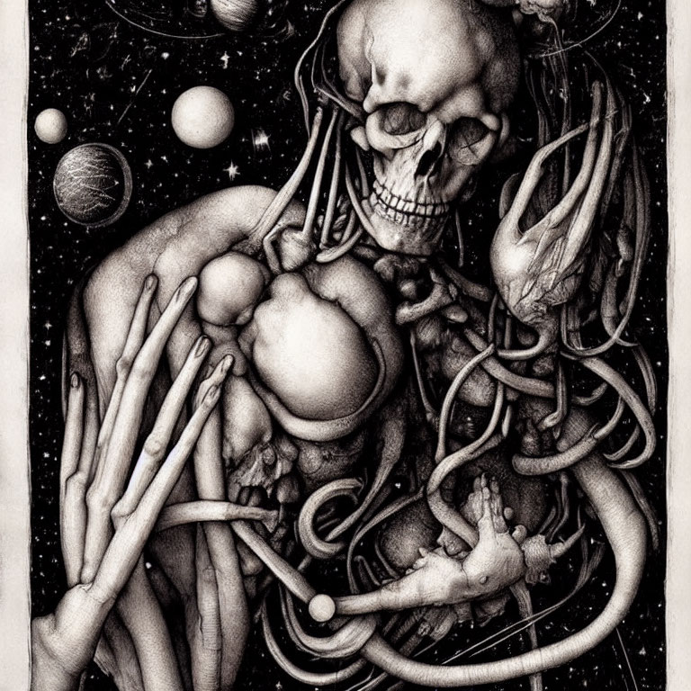 Detailed black and white surreal skeleton illustration with cosmic elements.