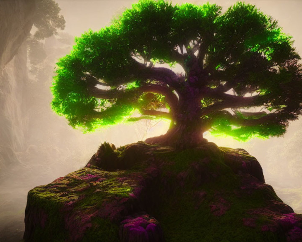 Vibrant tree with lush green canopy on moss-covered rock in ethereal forest setting