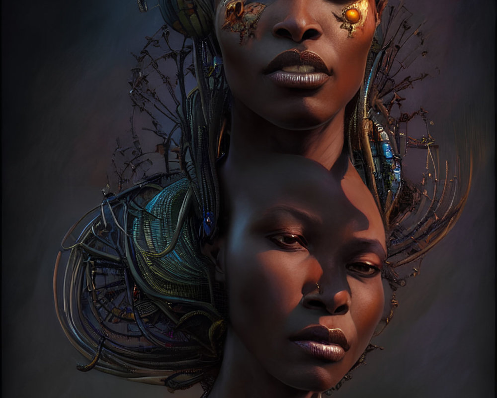 Intricate Headdresses and Jewelry on Two Women with Gold Accents