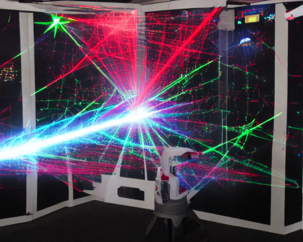 Colorful Laser Light Beams Crossing in White Room