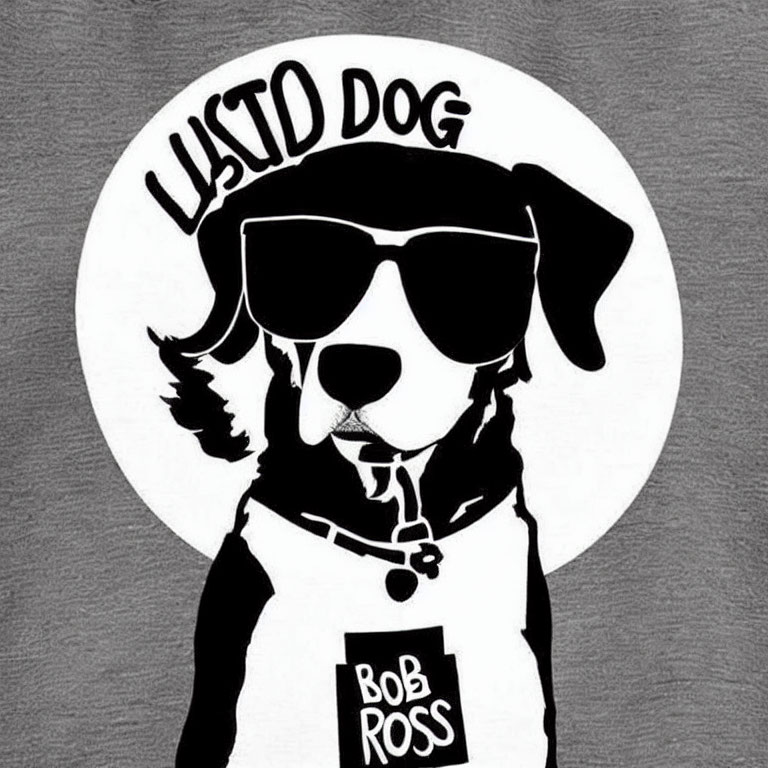 Monochrome dog with sunglasses and Bob Ross tee on circular backdrop